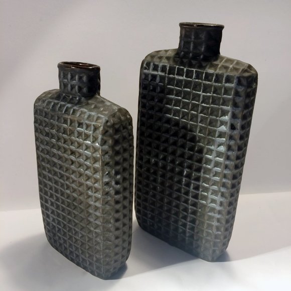 Matching set Pottery Vases Textured Clay over Glass Elements - Picture 3 of 6